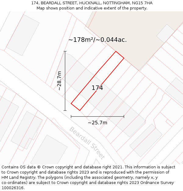 174, BEARDALL STREET, HUCKNALL, NOTTINGHAM, NG15 7HA: Plot and title map