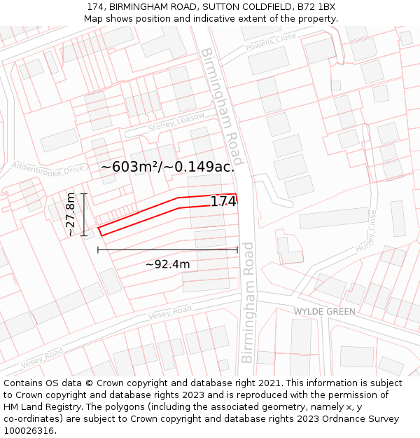 174, BIRMINGHAM ROAD, SUTTON COLDFIELD, B72 1BX: Plot and title map