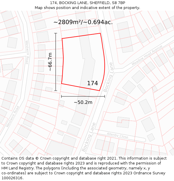 174, BOCKING LANE, SHEFFIELD, S8 7BP: Plot and title map