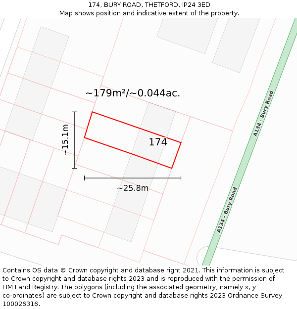 174, BURY ROAD, THETFORD, IP24 3ED: Plot and title map
