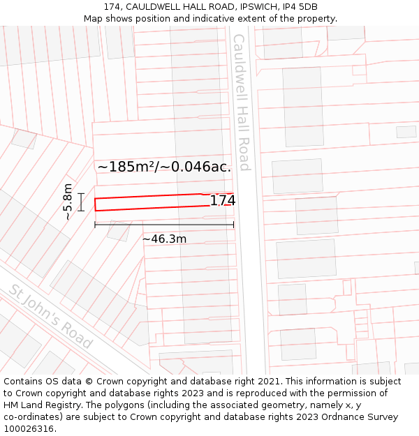 174, CAULDWELL HALL ROAD, IPSWICH, IP4 5DB: Plot and title map