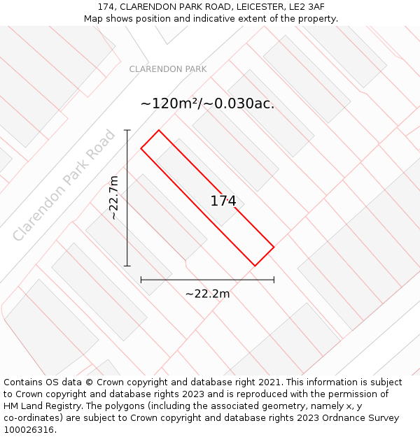174, CLARENDON PARK ROAD, LEICESTER, LE2 3AF: Plot and title map