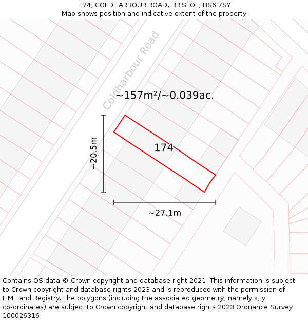 174, COLDHARBOUR ROAD, BRISTOL, BS6 7SY: Plot and title map