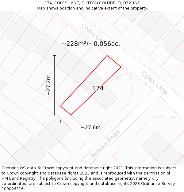 174, COLES LANE, SUTTON COLDFIELD, B72 1NS: Plot and title map