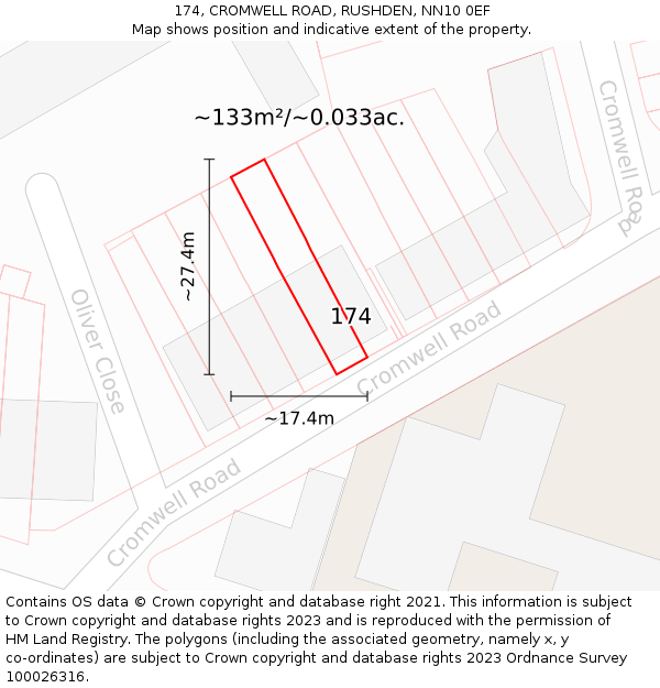 174, CROMWELL ROAD, RUSHDEN, NN10 0EF: Plot and title map
