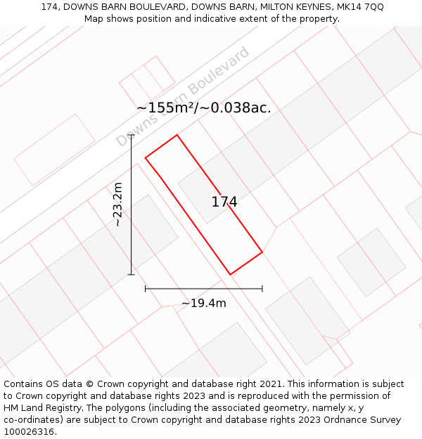 174, DOWNS BARN BOULEVARD, DOWNS BARN, MILTON KEYNES, MK14 7QQ: Plot and title map
