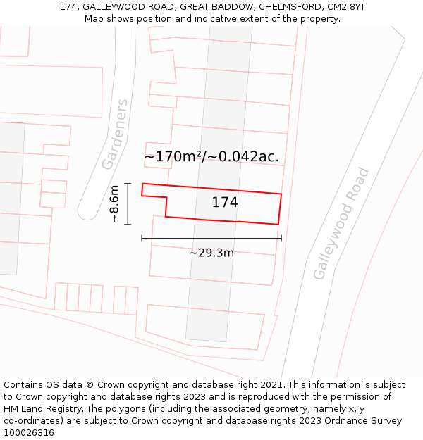 174, GALLEYWOOD ROAD, GREAT BADDOW, CHELMSFORD, CM2 8YT: Plot and title map