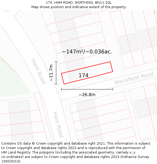 174, HAM ROAD, WORTHING, BN11 2QL: Plot and title map