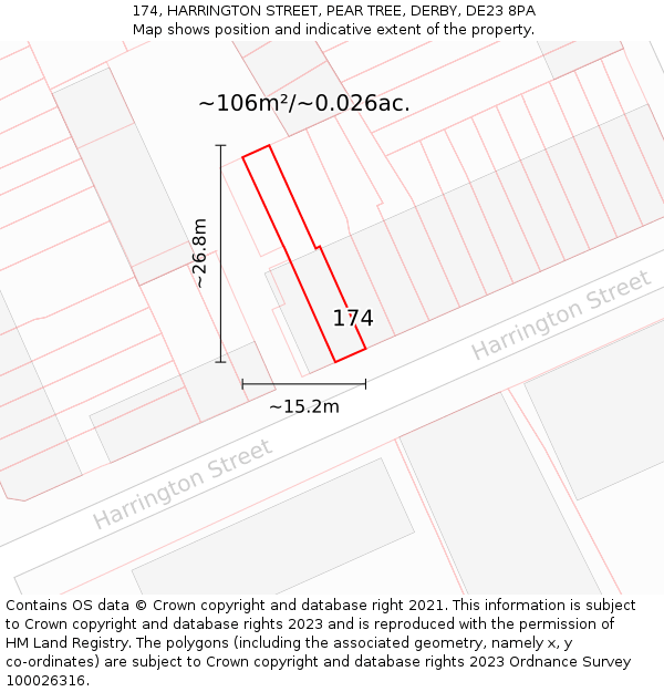 174, HARRINGTON STREET, PEAR TREE, DERBY, DE23 8PA: Plot and title map