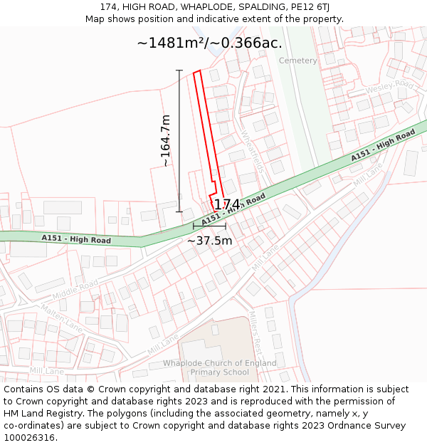 174, HIGH ROAD, WHAPLODE, SPALDING, PE12 6TJ: Plot and title map