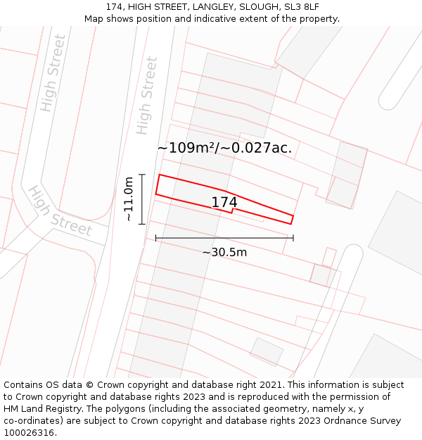 174, HIGH STREET, LANGLEY, SLOUGH, SL3 8LF: Plot and title map