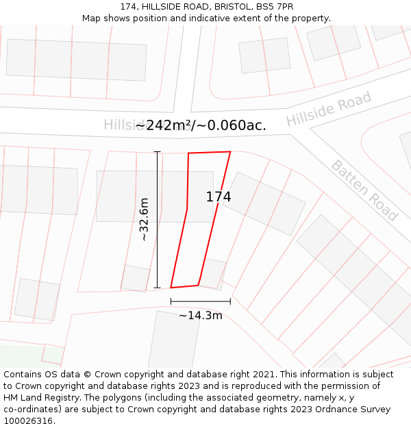 174, HILLSIDE ROAD, BRISTOL, BS5 7PR: Plot and title map