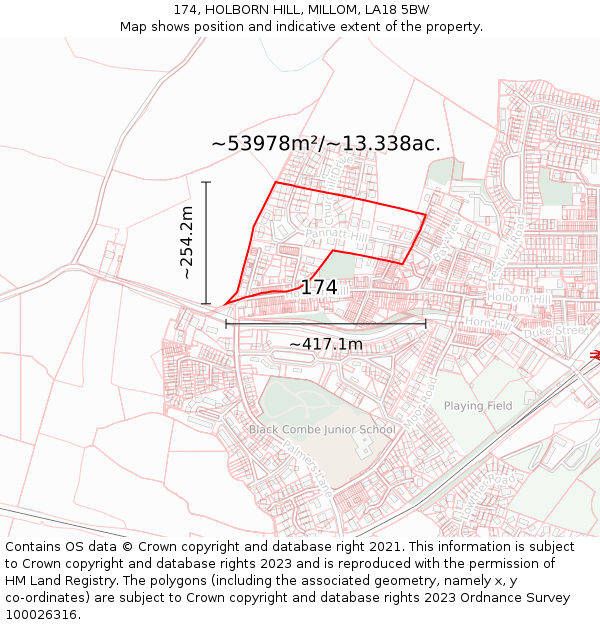174, HOLBORN HILL, MILLOM, LA18 5BW: Plot and title map