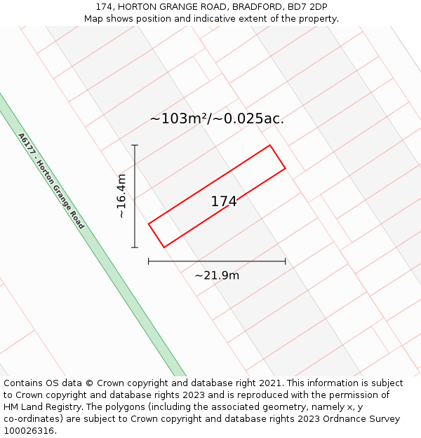 174, HORTON GRANGE ROAD, BRADFORD, BD7 2DP: Plot and title map