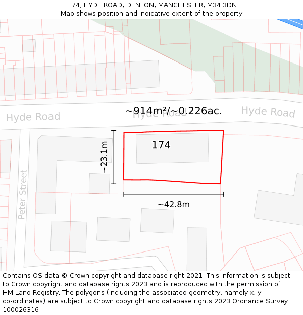 174, HYDE ROAD, DENTON, MANCHESTER, M34 3DN: Plot and title map