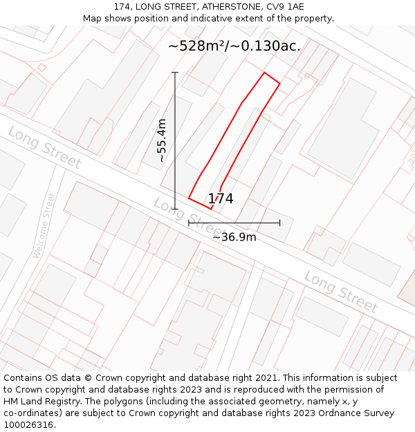174, LONG STREET, ATHERSTONE, CV9 1AE: Plot and title map