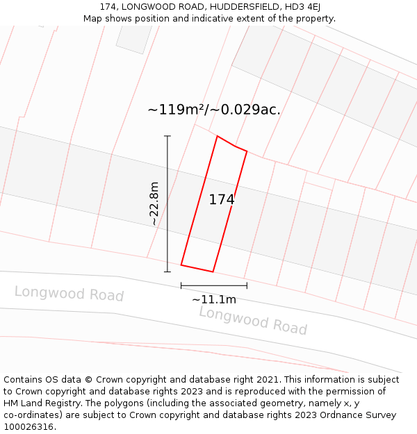 174, LONGWOOD ROAD, HUDDERSFIELD, HD3 4EJ: Plot and title map