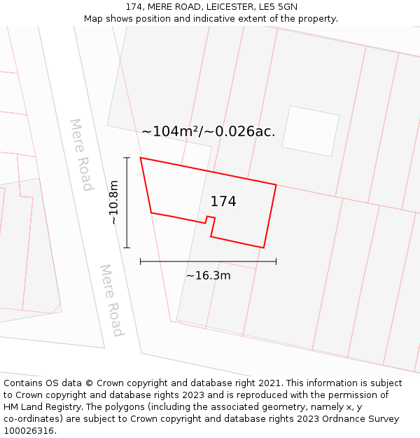 174, MERE ROAD, LEICESTER, LE5 5GN: Plot and title map
