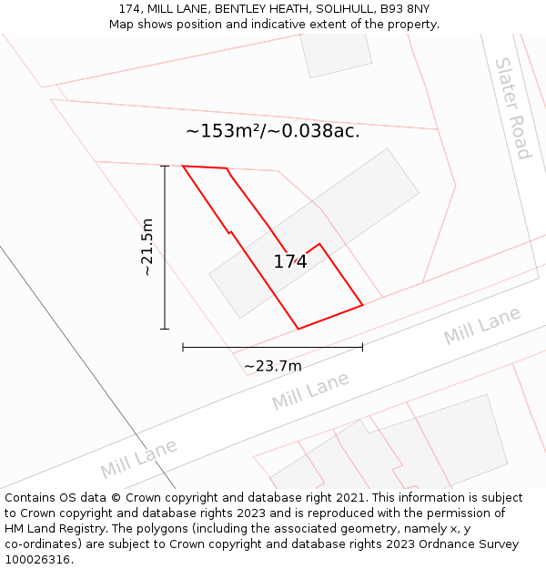 174, MILL LANE, BENTLEY HEATH, SOLIHULL, B93 8NY: Plot and title map