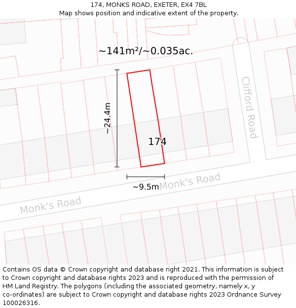 174, MONKS ROAD, EXETER, EX4 7BL: Plot and title map