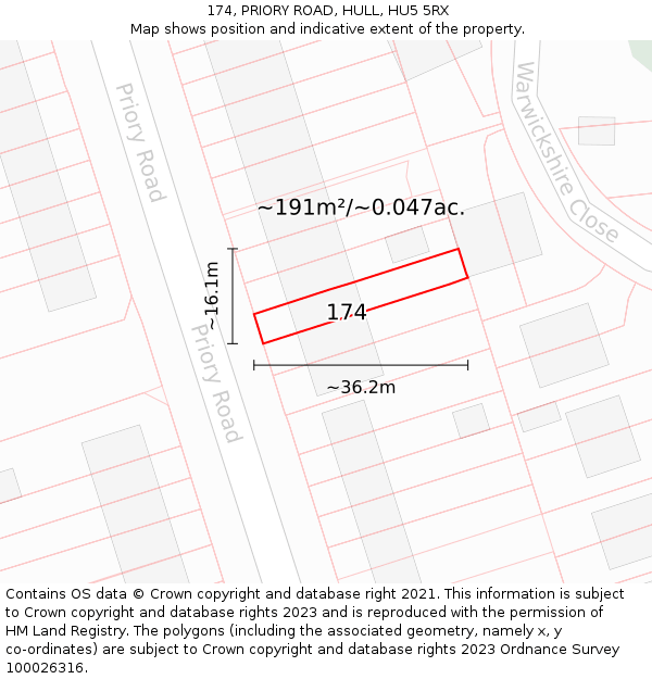 174, PRIORY ROAD, HULL, HU5 5RX: Plot and title map