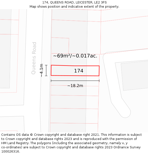 174, QUEENS ROAD, LEICESTER, LE2 3FS: Plot and title map