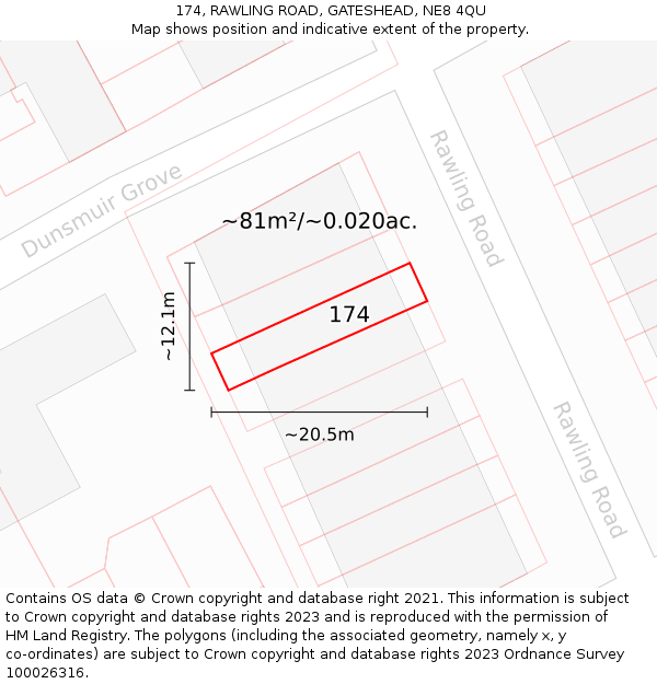 174, RAWLING ROAD, GATESHEAD, NE8 4QU: Plot and title map