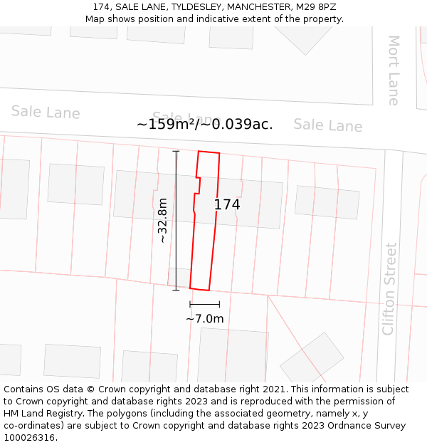 174, SALE LANE, TYLDESLEY, MANCHESTER, M29 8PZ: Plot and title map
