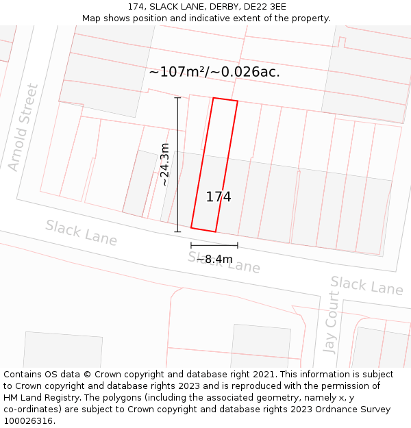 174, SLACK LANE, DERBY, DE22 3EE: Plot and title map