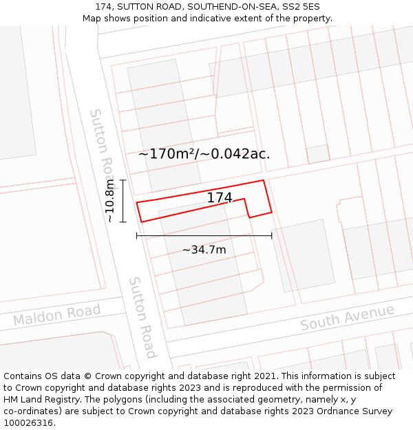 174, SUTTON ROAD, SOUTHEND-ON-SEA, SS2 5ES: Plot and title map