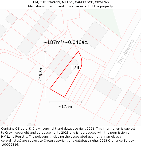 174, THE ROWANS, MILTON, CAMBRIDGE, CB24 6YX: Plot and title map