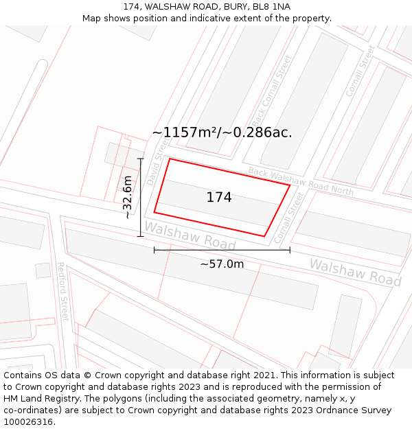 174, WALSHAW ROAD, BURY, BL8 1NA: Plot and title map