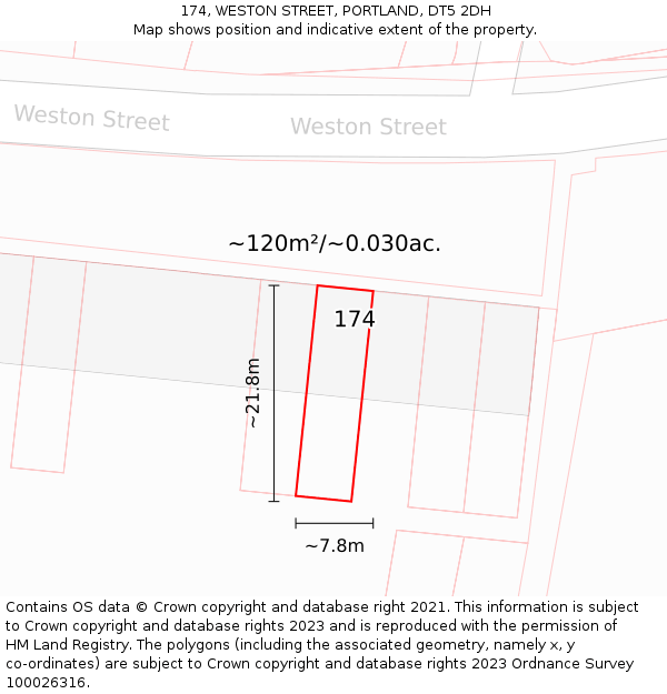 174, WESTON STREET, PORTLAND, DT5 2DH: Plot and title map