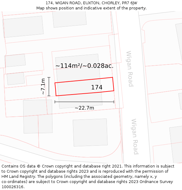 174, WIGAN ROAD, EUXTON, CHORLEY, PR7 6JW: Plot and title map