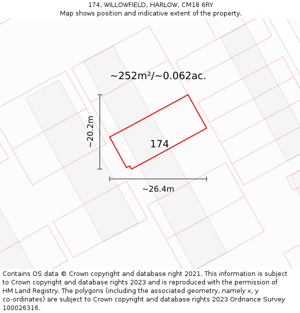 174, WILLOWFIELD, HARLOW, CM18 6RY: Plot and title map