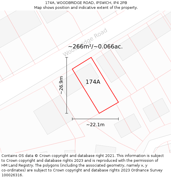 174A, WOODBRIDGE ROAD, IPSWICH, IP4 2PB: Plot and title map
