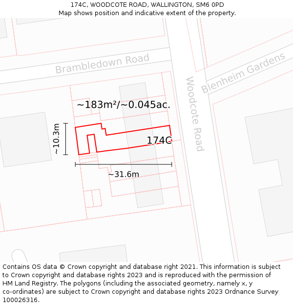 174C, WOODCOTE ROAD, WALLINGTON, SM6 0PD: Plot and title map