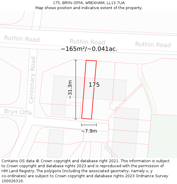 175, BRYN OFFA, WREXHAM, LL13 7UA: Plot and title map