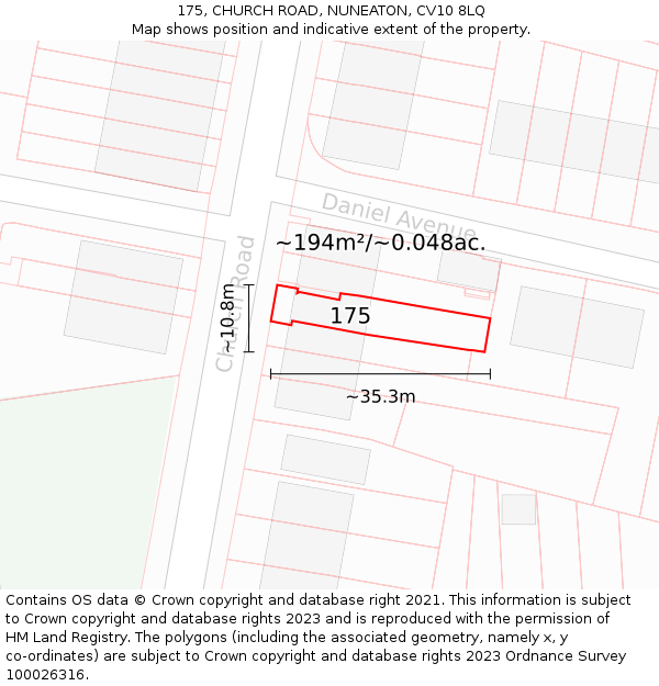 175, CHURCH ROAD, NUNEATON, CV10 8LQ: Plot and title map