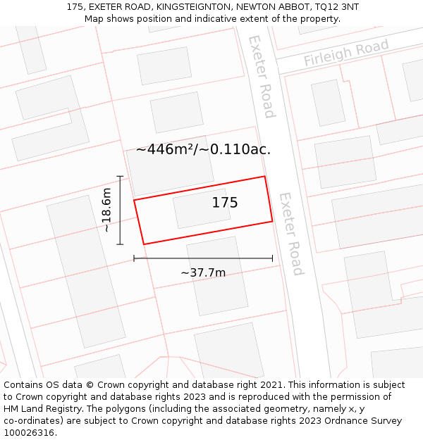 175, EXETER ROAD, KINGSTEIGNTON, NEWTON ABBOT, TQ12 3NT: Plot and title map