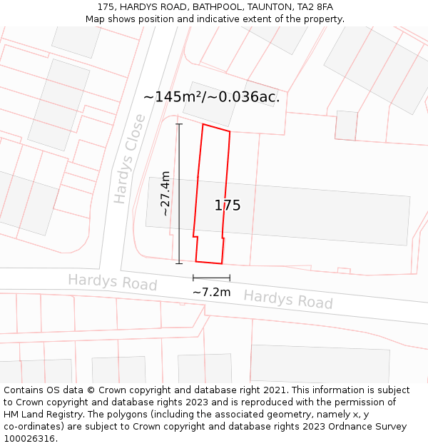 175, HARDYS ROAD, BATHPOOL, TAUNTON, TA2 8FA: Plot and title map