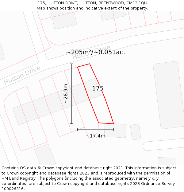 175, HUTTON DRIVE, HUTTON, BRENTWOOD, CM13 1QU: Plot and title map