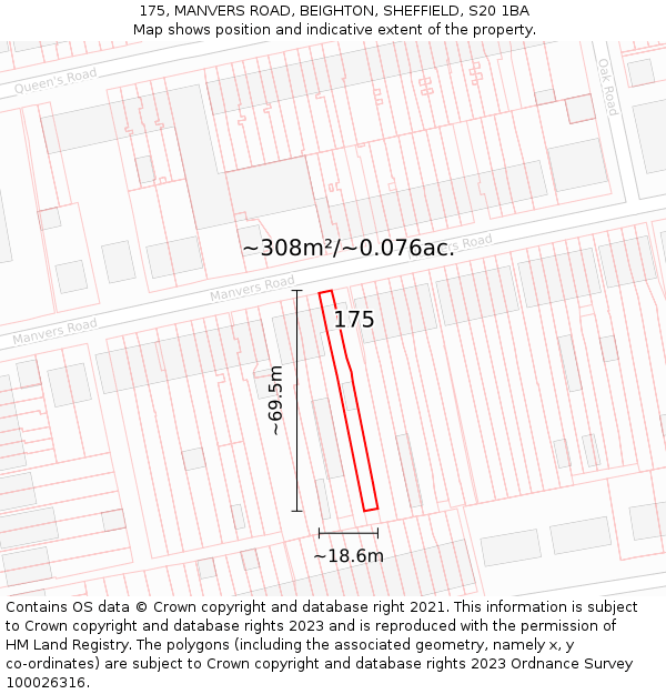 175, MANVERS ROAD, BEIGHTON, SHEFFIELD, S20 1BA: Plot and title map