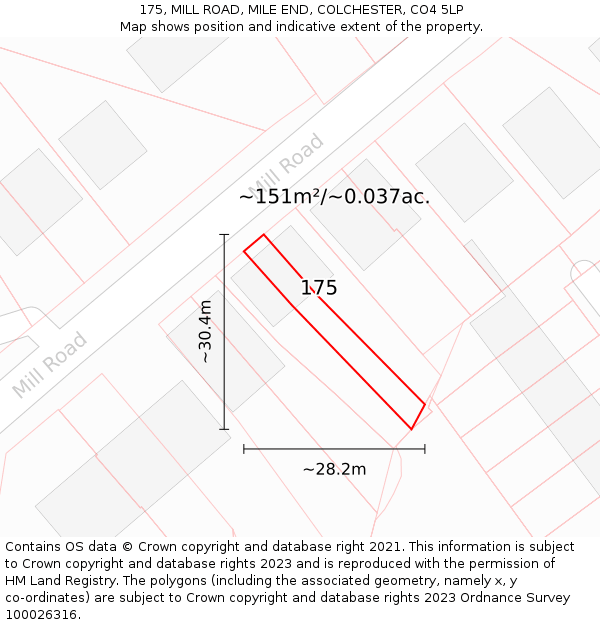 175, MILL ROAD, MILE END, COLCHESTER, CO4 5LP: Plot and title map