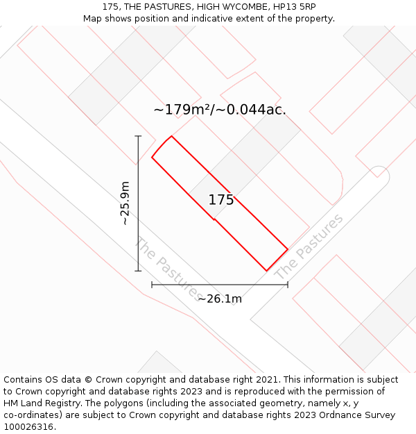 175, THE PASTURES, HIGH WYCOMBE, HP13 5RP: Plot and title map