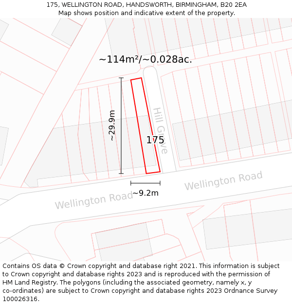 175, WELLINGTON ROAD, HANDSWORTH, BIRMINGHAM, B20 2EA: Plot and title map
