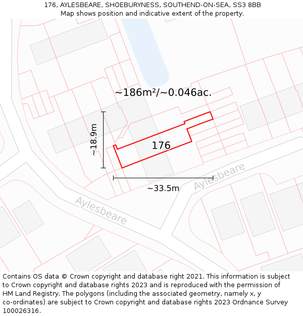 176, AYLESBEARE, SHOEBURYNESS, SOUTHEND-ON-SEA, SS3 8BB: Plot and title map