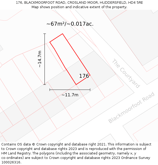 176, BLACKMOORFOOT ROAD, CROSLAND MOOR, HUDDERSFIELD, HD4 5RE: Plot and title map