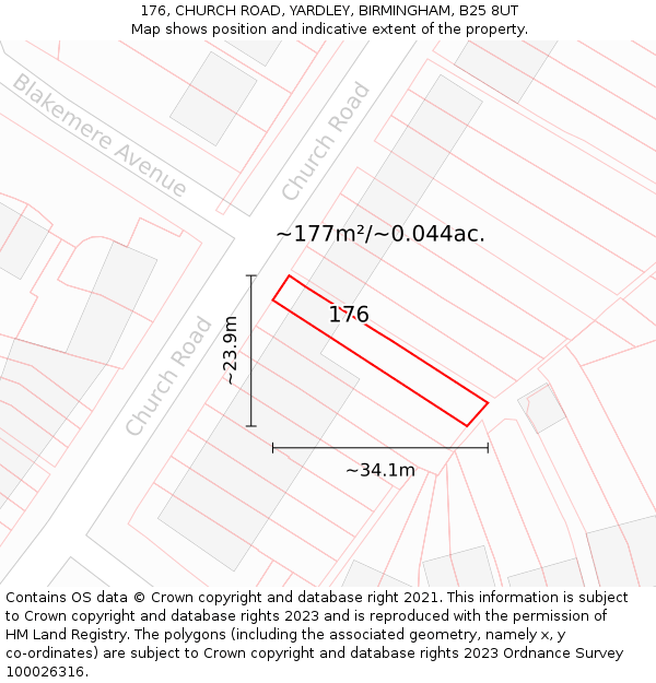 176, CHURCH ROAD, YARDLEY, BIRMINGHAM, B25 8UT: Plot and title map