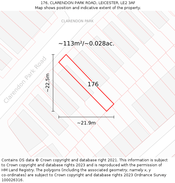 176, CLARENDON PARK ROAD, LEICESTER, LE2 3AF: Plot and title map